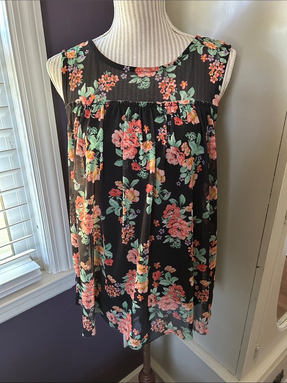 Bobbie Brooks Black Floral Top with Coral and Mint Accents